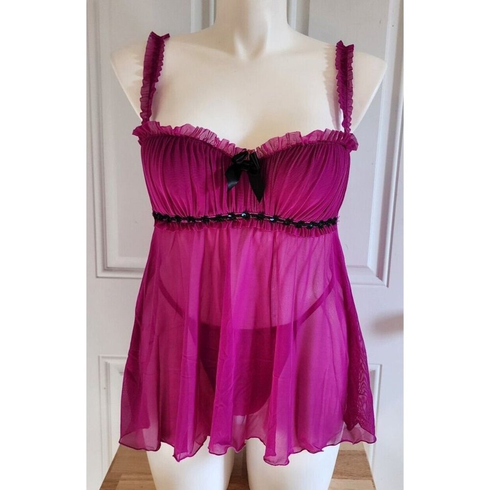 Frederick's of Hollywood Sleeveless Ruffle Babydoll Lingerie Top/Set Purple Sz L